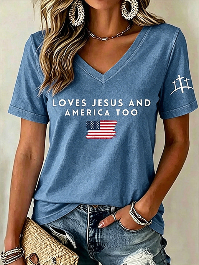 Women'S Love Jesus And America Too Print Printed T-Shirt