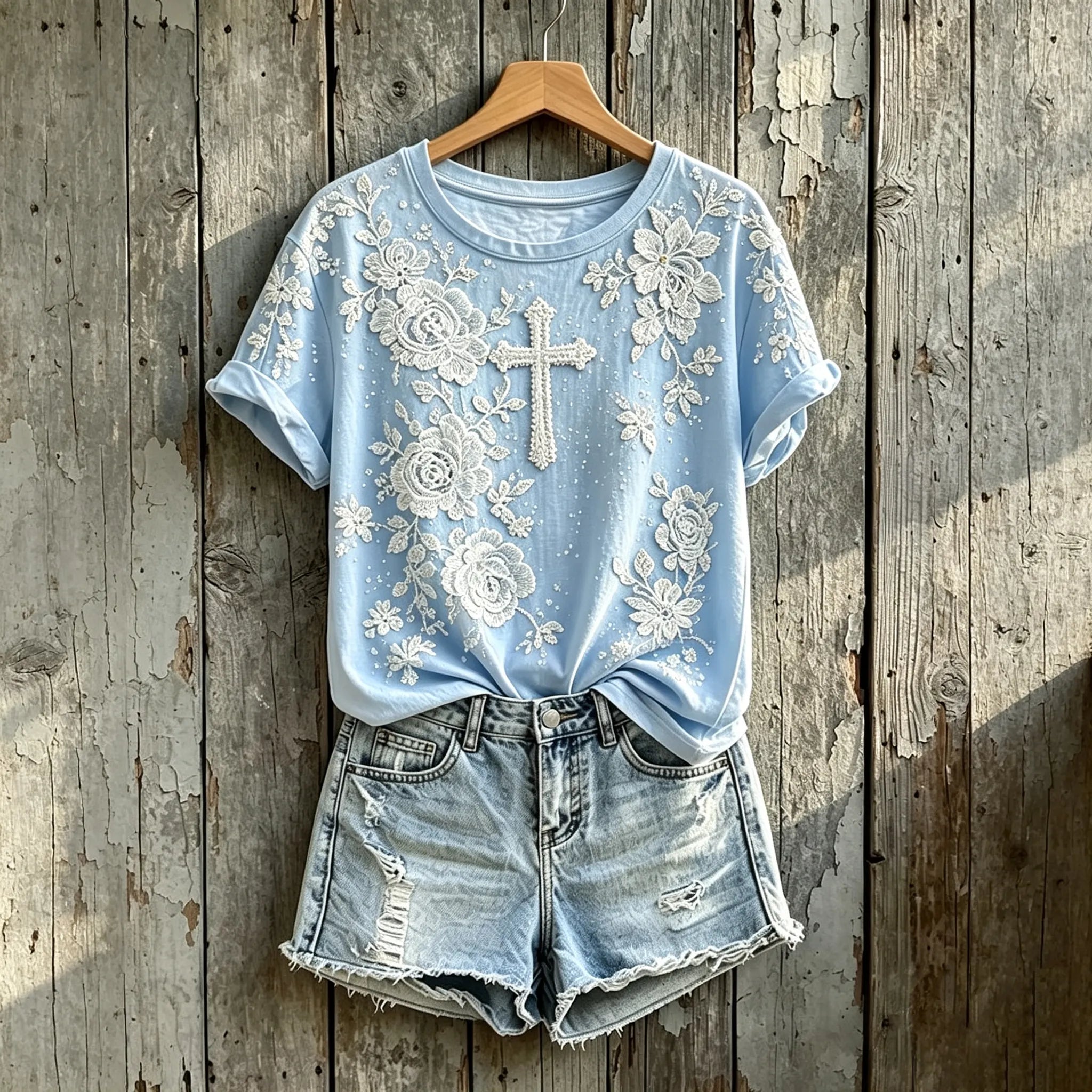Women's Floral Cross Print Faith Round Neck Short-sleeved T-shirt
