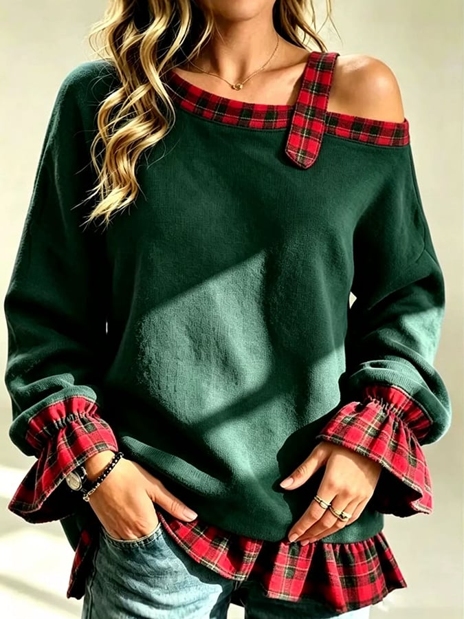 Women'S Asymmetric-Shoulder Plaid Color-Block Sweatshirt