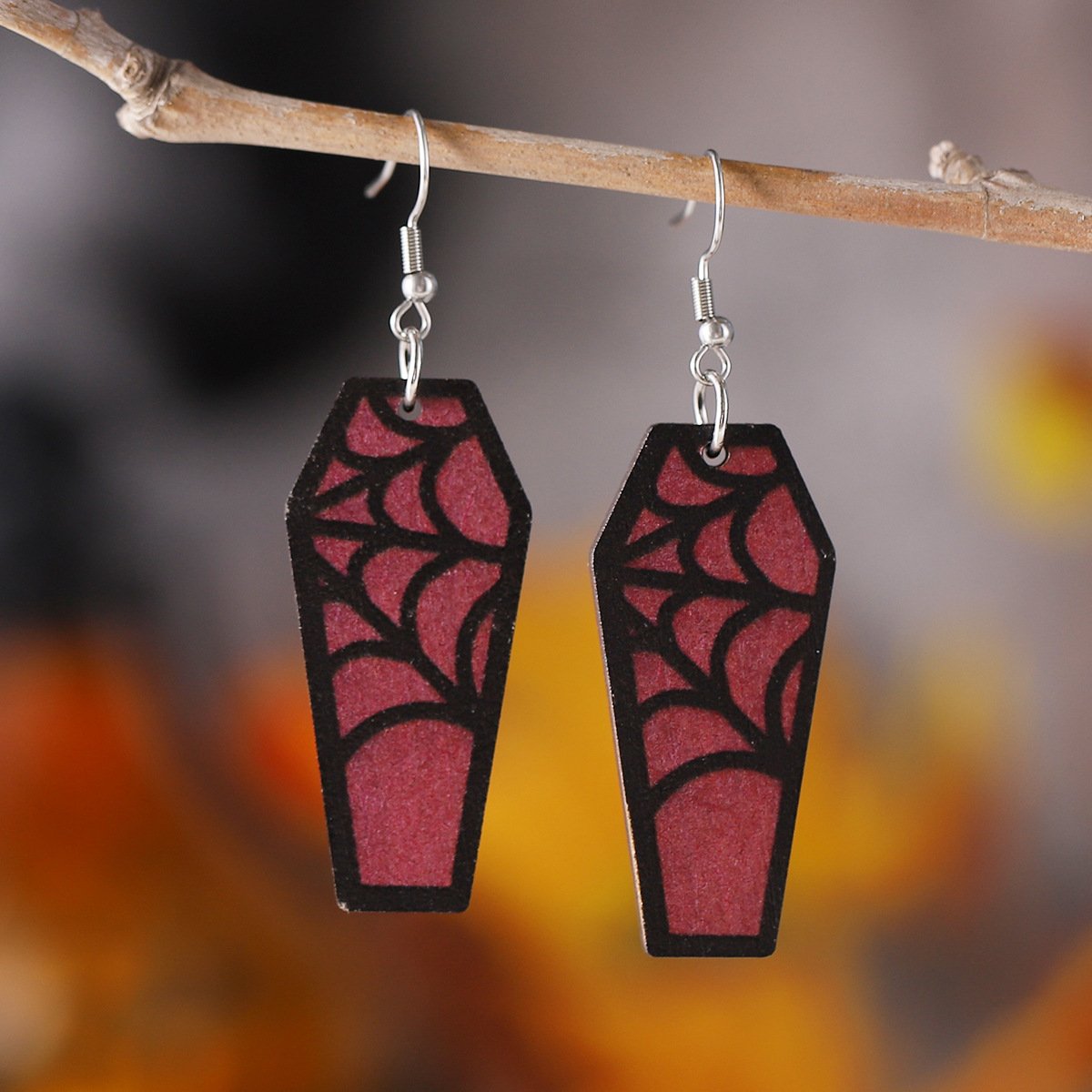 Women's Halloween Coffin Bats Wood Earrings