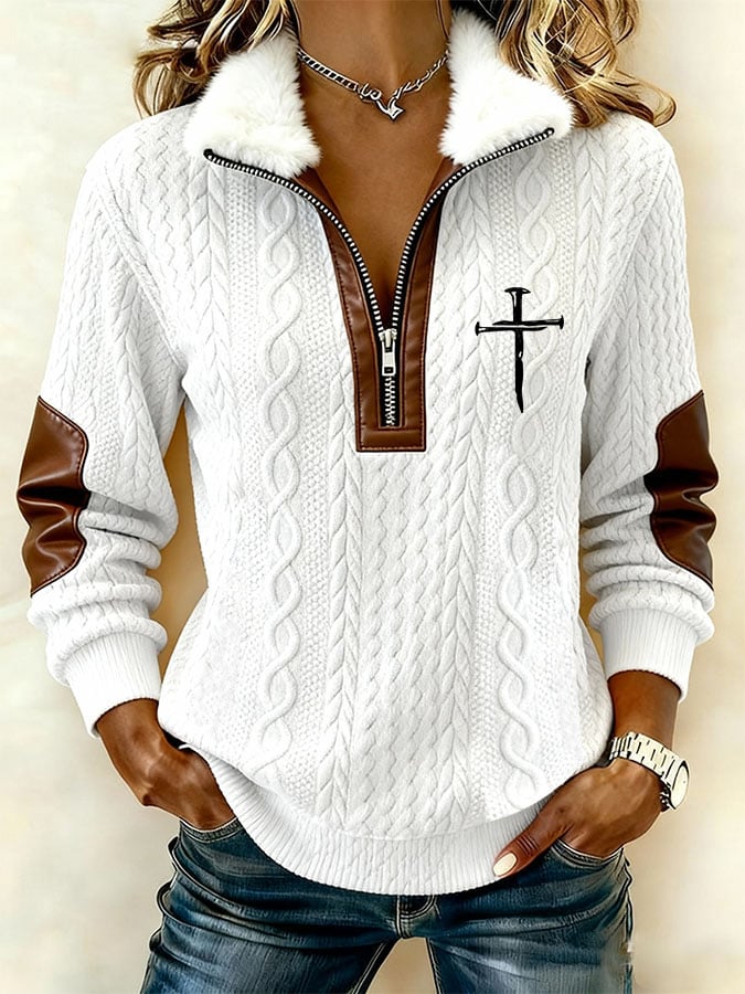 Women's Casual Retro Jacquard Fabric Patchwork Fur Collar Long-Sleeve Sweatshirt