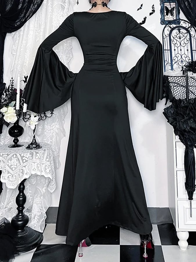 Women's Adam Family Style Gothic Tie Neck Bell Sleeve Mermaid Hem Dress