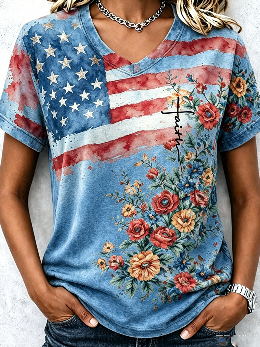 Women's Casual American 250th Anniversary Print V-Neck T-Shirt