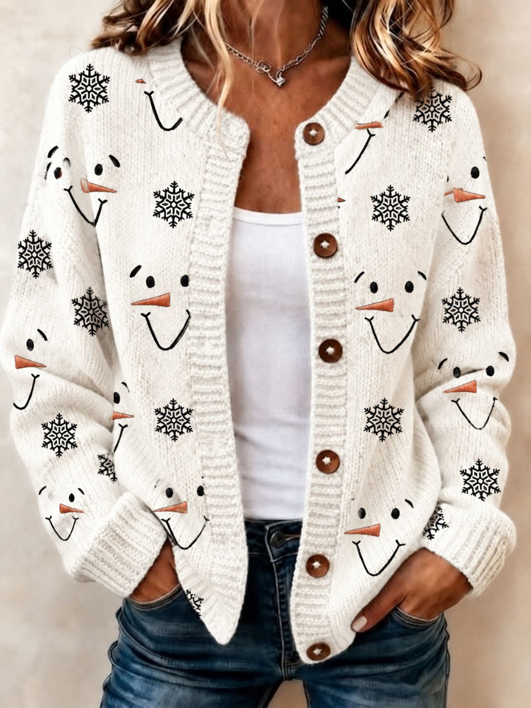 Women's Casual Snowman-Print Knit Cardigan