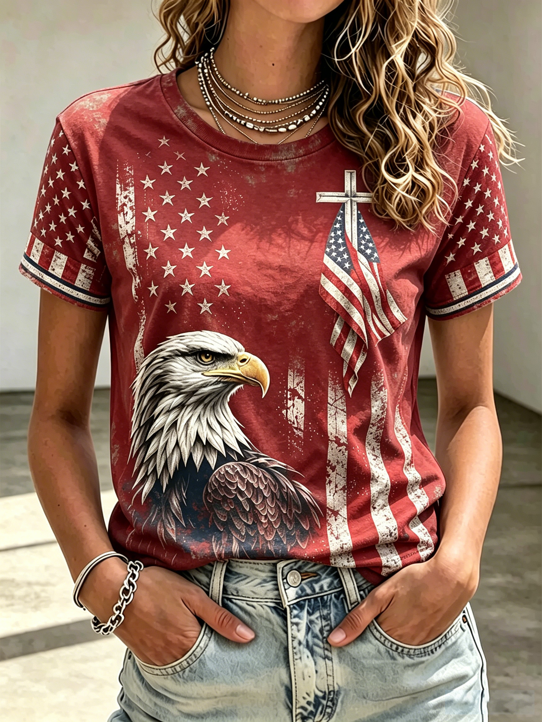 American Cross Flag Eagle Commemorative Print Round Neck Top