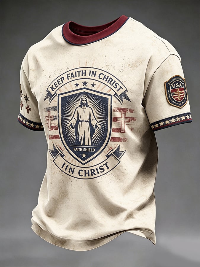 Men'S Casual Fun Faith-Print Crew-Neck T-Shirt