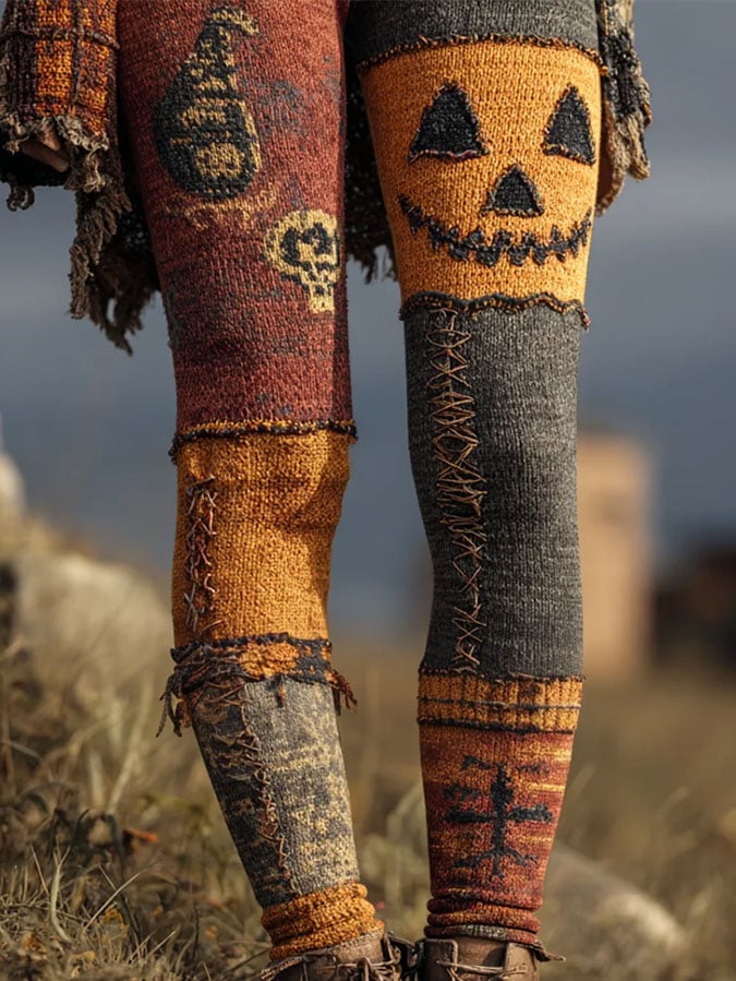 Women's Halloween Pumpkin Patchwork Print Leggings