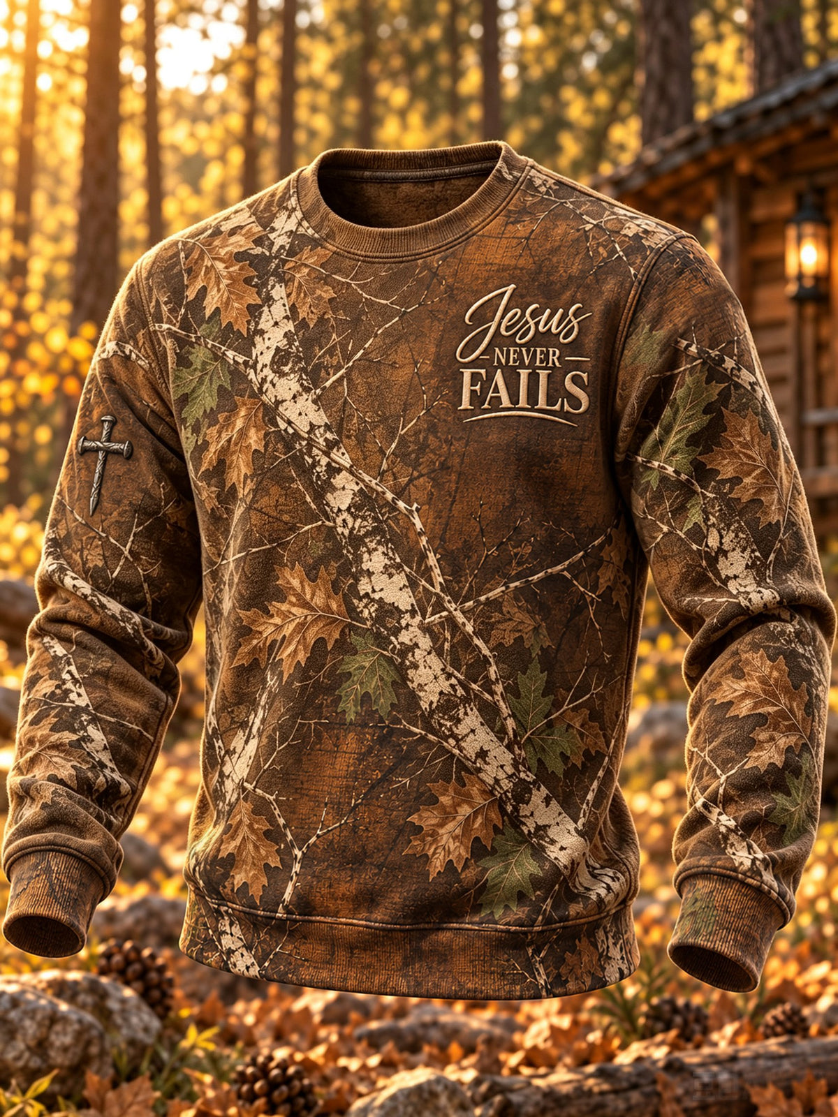 Men's Vintage-Style Autumn Fallen-Leaf Camouflage Jungle-Print Crewneck Sweatshirt