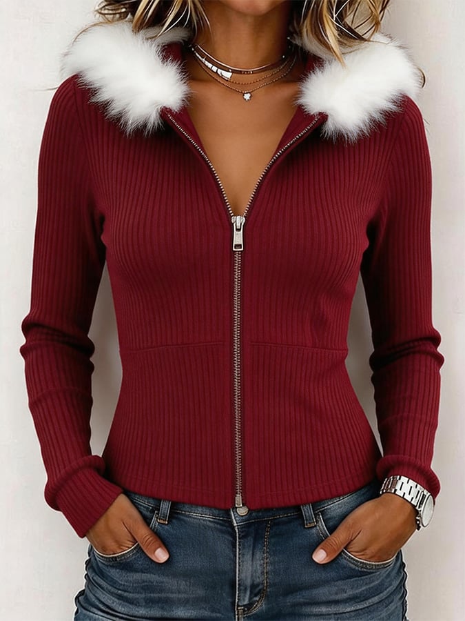 Women'S Fur-Collar Zip-Up Hooded Cardigan