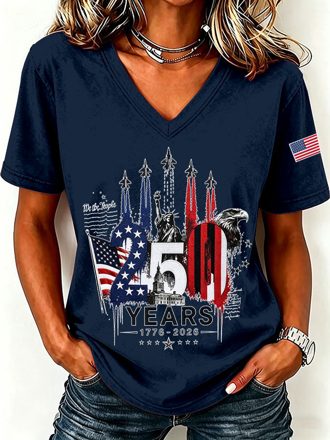 250Th Anniversary American Embroidery Commemorative V-Neck Short Sleeved T-Shirt