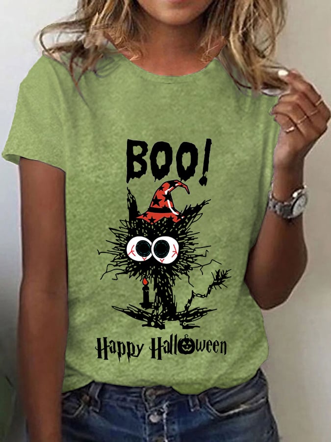 Women's Funny Halloween Boo Black Cat T-shirt