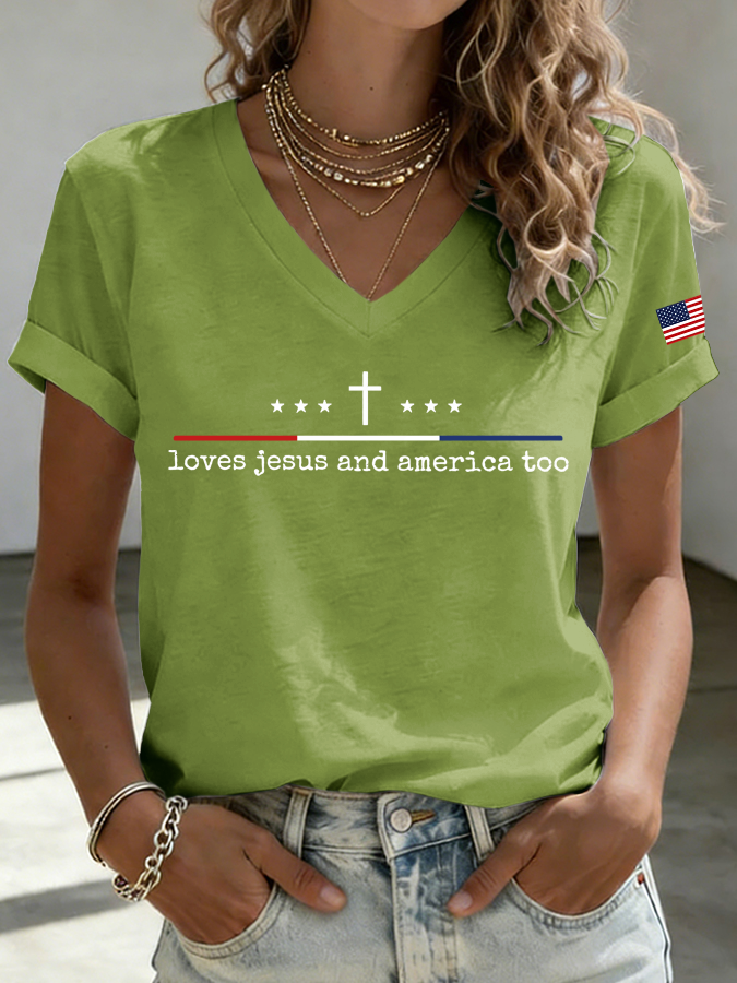 Women'S Loves Jesus and America Too Print Printed T-Shirt