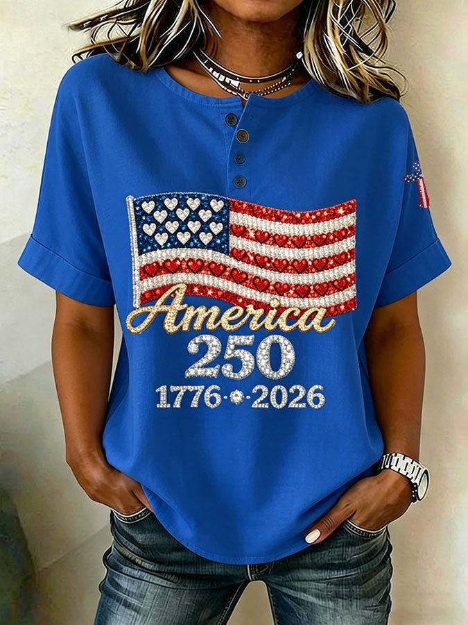 Women'S Casual America Flag Print Cotton Linen Button-Down Shirt