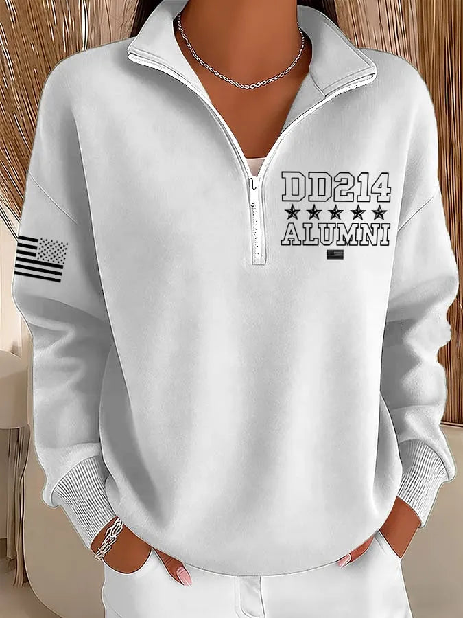 Women's Veterans Print Zip-Up Stand Collar Sweatshirt