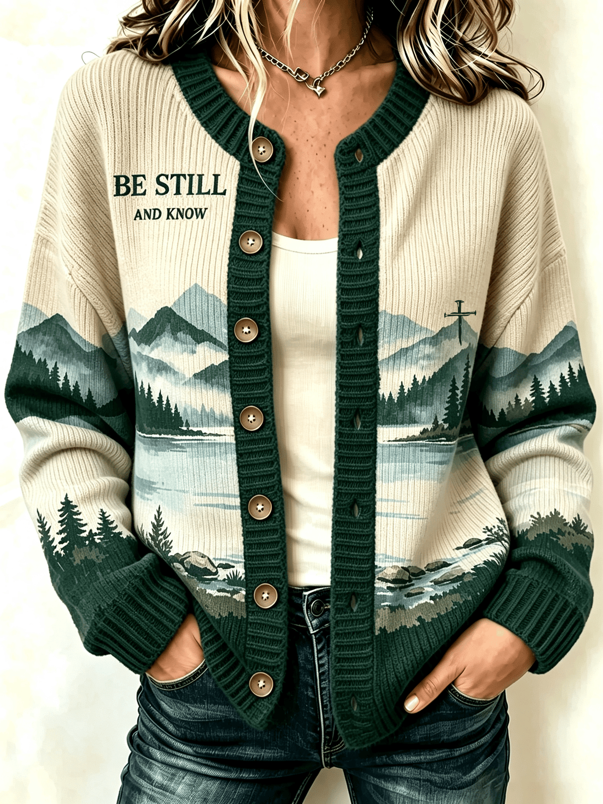 Women's Be Still And Know Psalm 46:10 Print Knit Cardigan