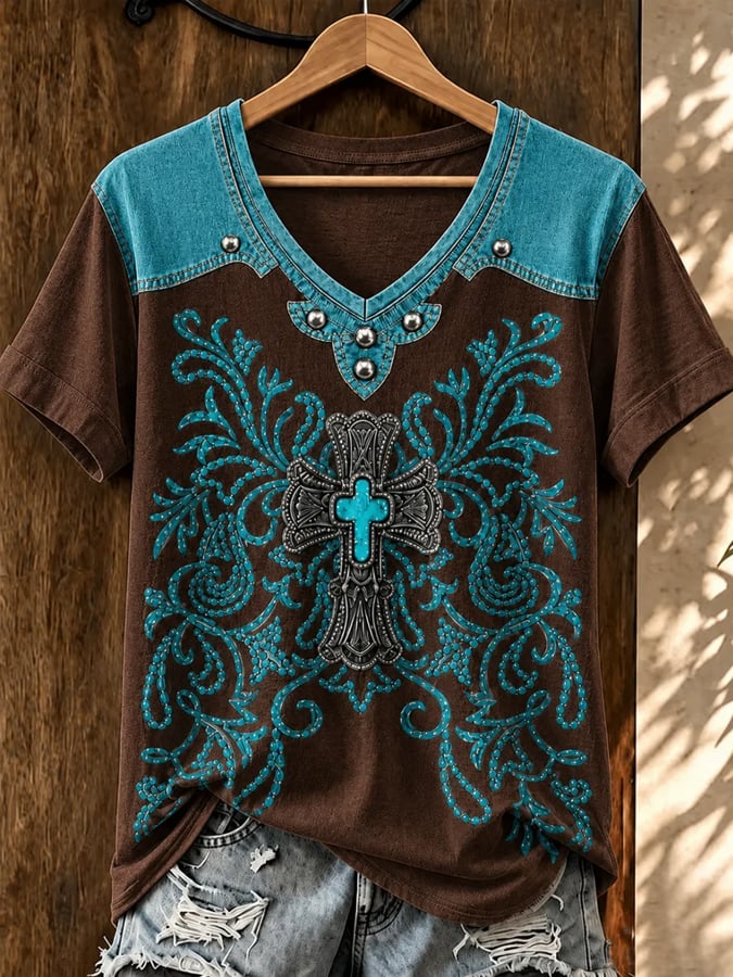 Women'S Retro Western Ethnic Art Flower Printed V-Neck T-Shirt