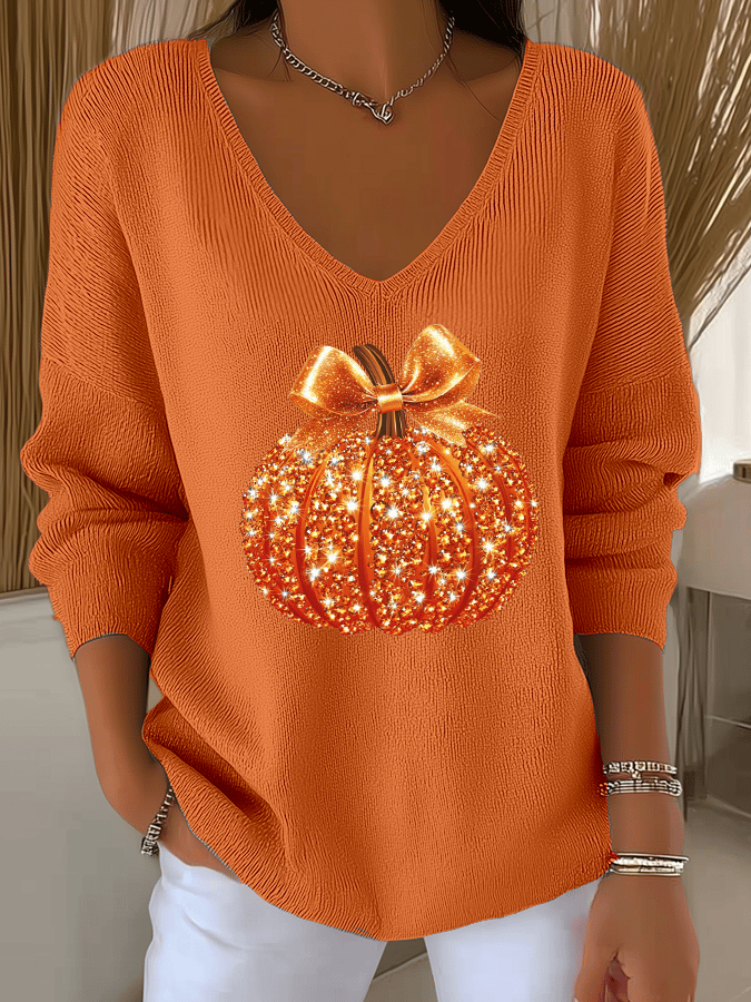 Women's Sequined Pumpkin Print Knit V-Neck Top