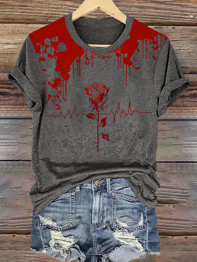 Women'S Heart-beating Bloody Rose Pattern Print T-Shirt
