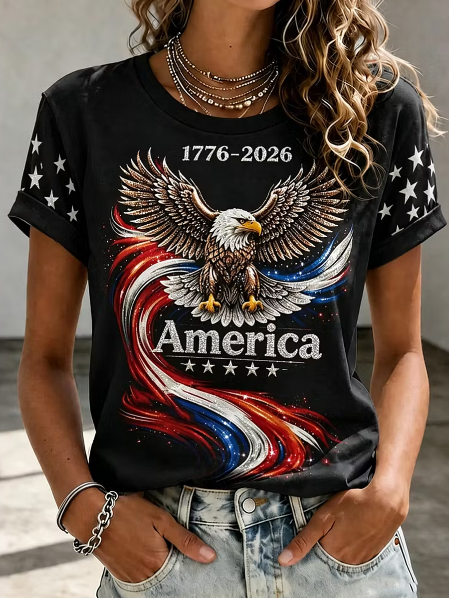 Women's Retro Independence Day Eagle Printed Crew Neck Casual Tops
