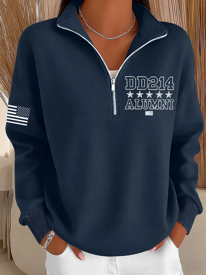 Women's Veterans Print Zip-Up Stand Collar Sweatshirt