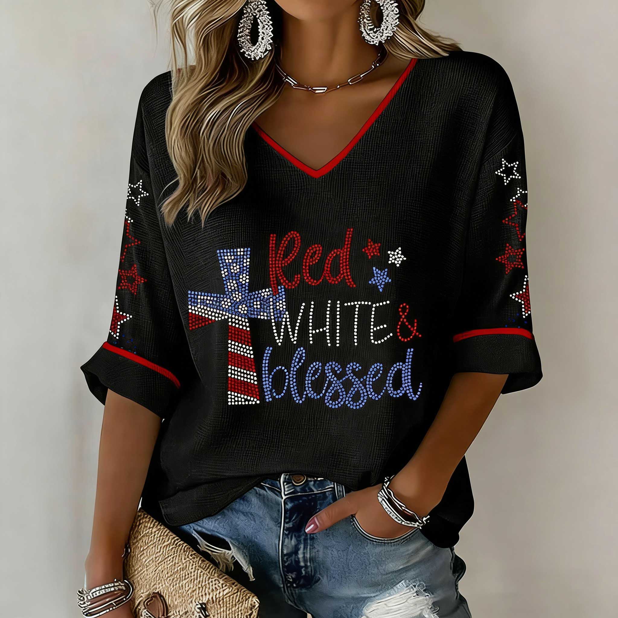 Women's American 250th Anniversary Three-Quarter Sleeve V-Neck Top