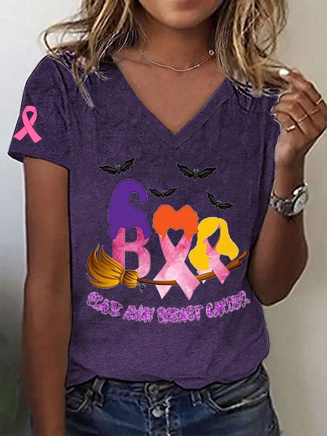 Women's Breast Cancer Awareness Boo Cancer Ribbon Witch Broom Print T-Shirt