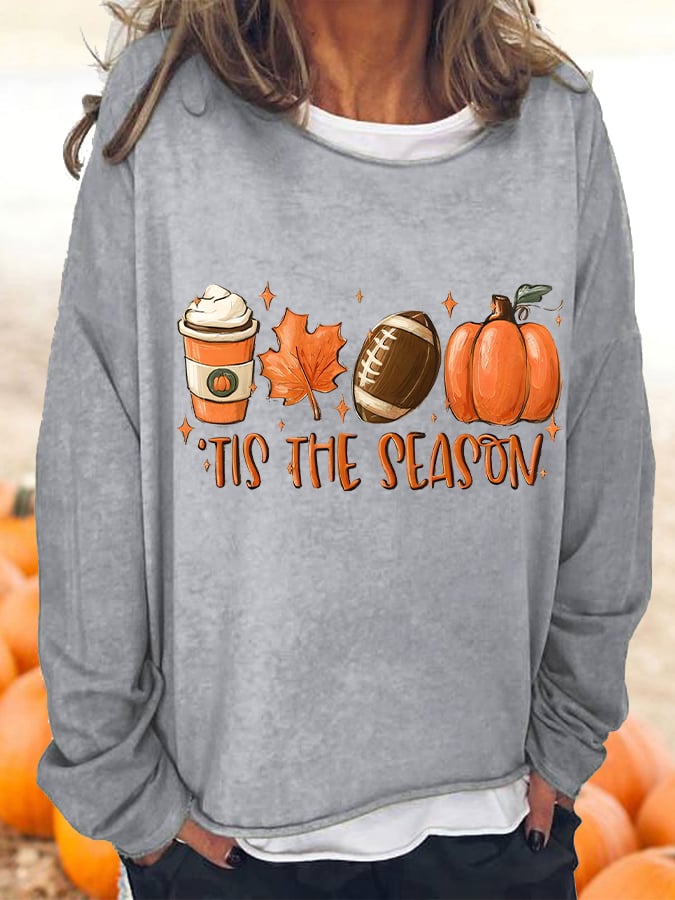 Women's TIS THE SEASON football latte leaves Pumpkin Fall T-Shirt
