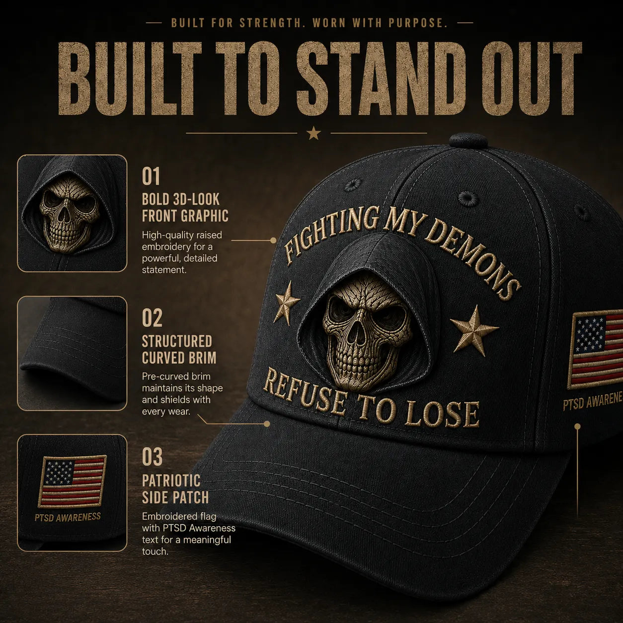 🔥 Father’s Day Sale - ❤️ “Fighting My Demons” PTSD Awareness Embroidered Cap 🇺🇸 – Refuse To Lose Edition 🖤💀
