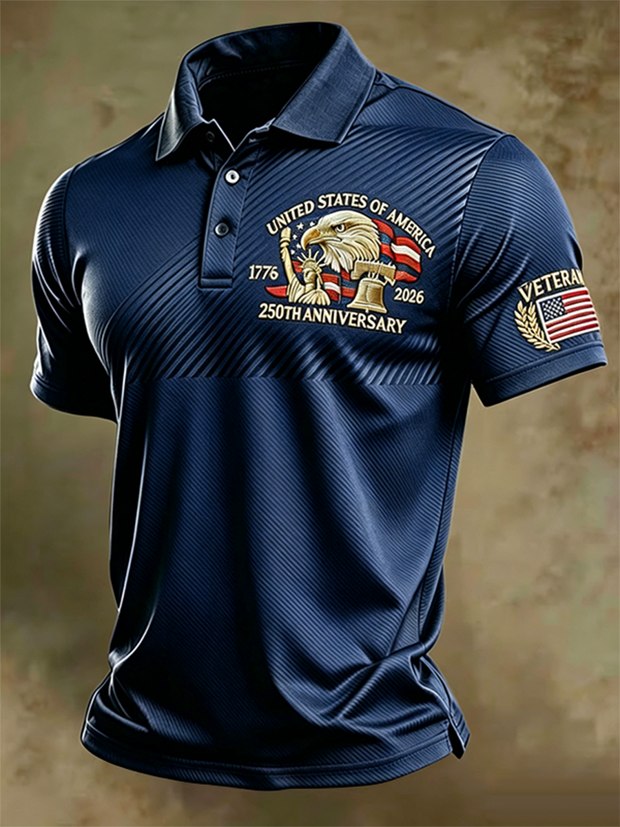 Men's USA 250th Anniversary 1776-2026 Eagle Veteran American Flag Patriotic Casual Polo Top