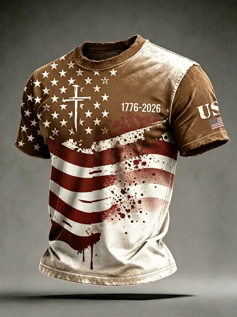 Men'S 250Th Anniversary American Flag Cross Printed Retro T-Shirt
