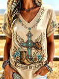 Women's Retro Western Guided By Faith Print Casual V-Neck Tee