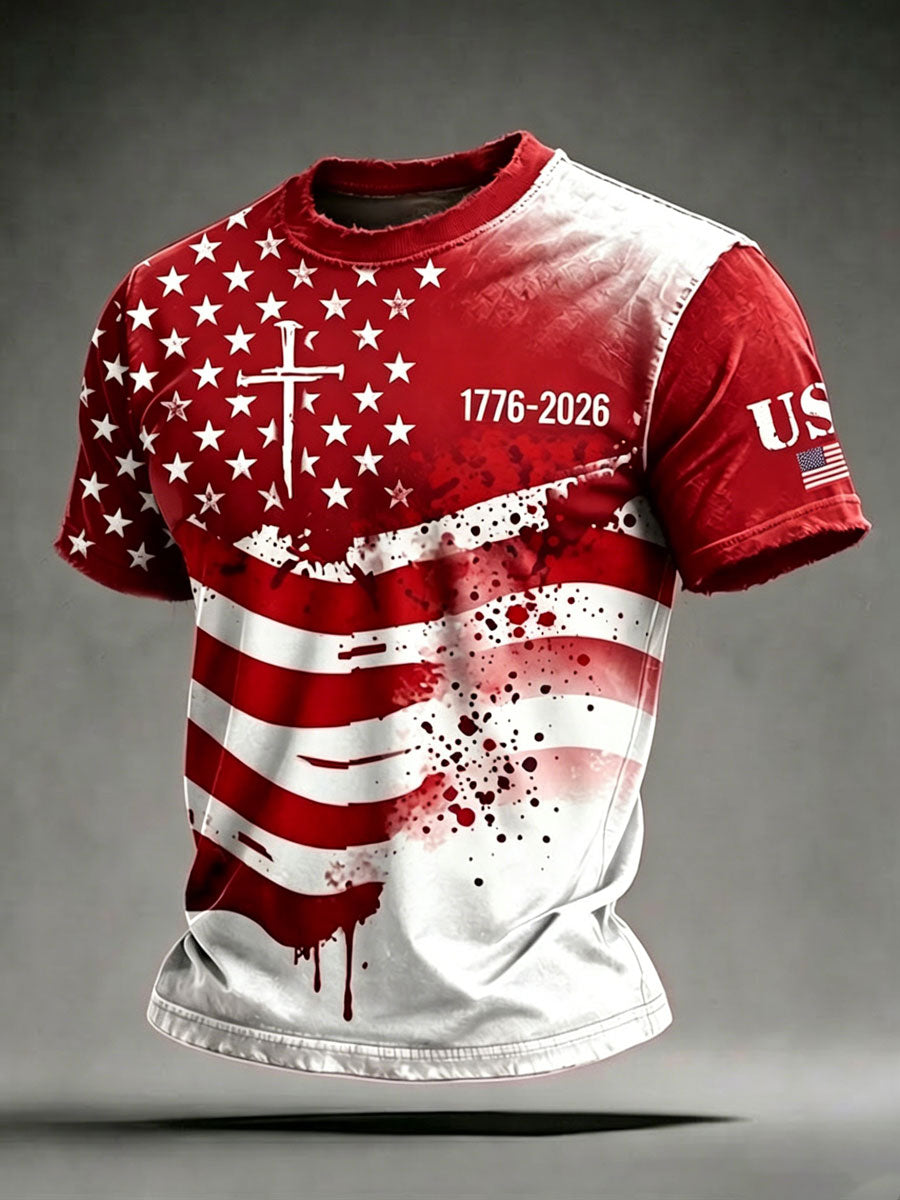 Men'S 250Th Anniversary American Flag Cross Printed Retro T-Shirt
