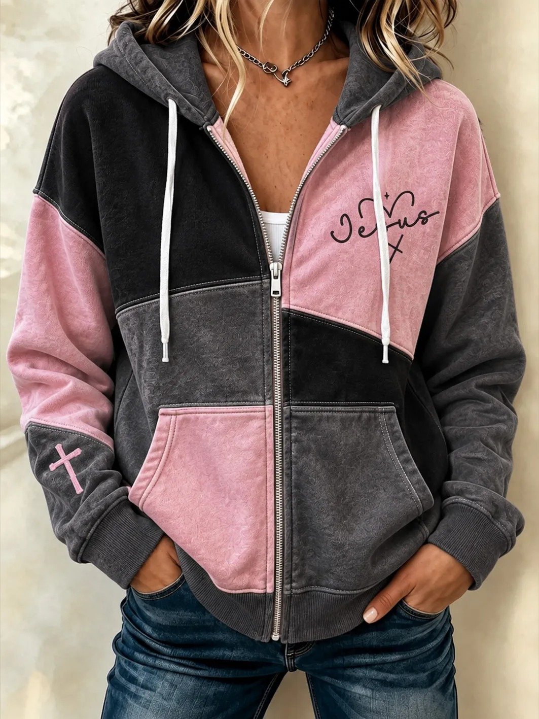Women's faith-themed color-blocked design casual zip-up hoodie
