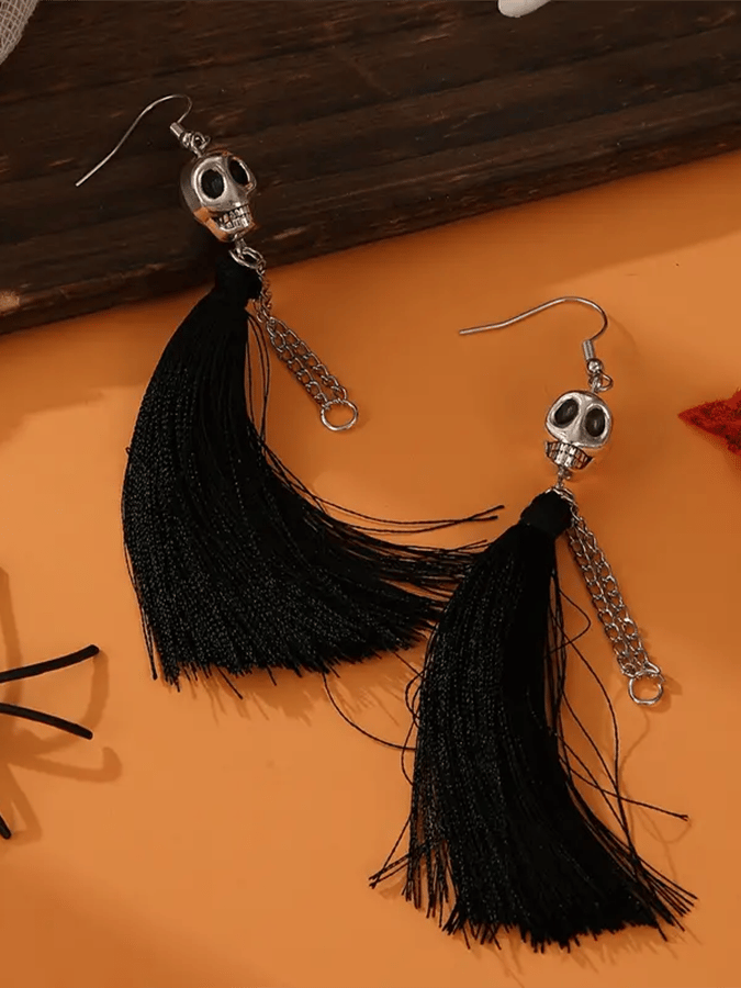 Halloween Skull Tassel Statement Earrings