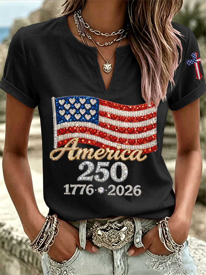 Women'S America Flag Printed Casual Cotton Linen Short Sleeved Shirt