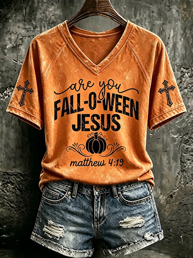 Women's Retro Fall-O-Ween Jesus Pumpkin Printed Top