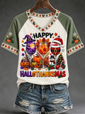 Women's Hallothanksmas Print V Neck Short Sleeve T-Shirt