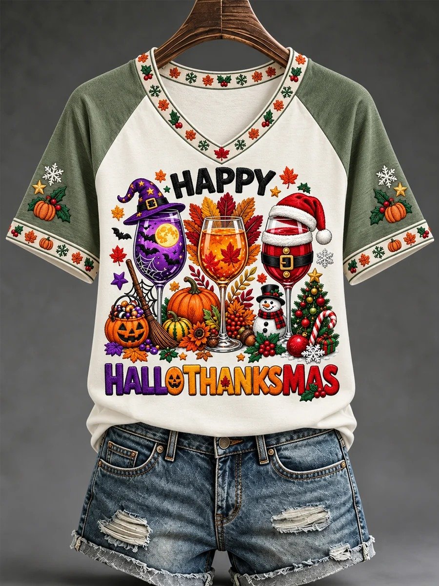 Women's Hallothanksmas Print V Neck Short Sleeve T-Shirt