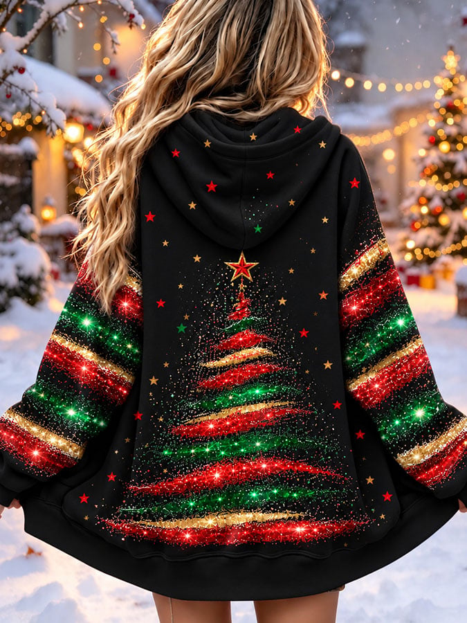 Women's Casual Printed Zipper Hooded Cardigan