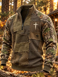 Men's Autumn/Winter Zip-Up Sweatshirt – Distressed "Jungle Faith" Camouflage Print