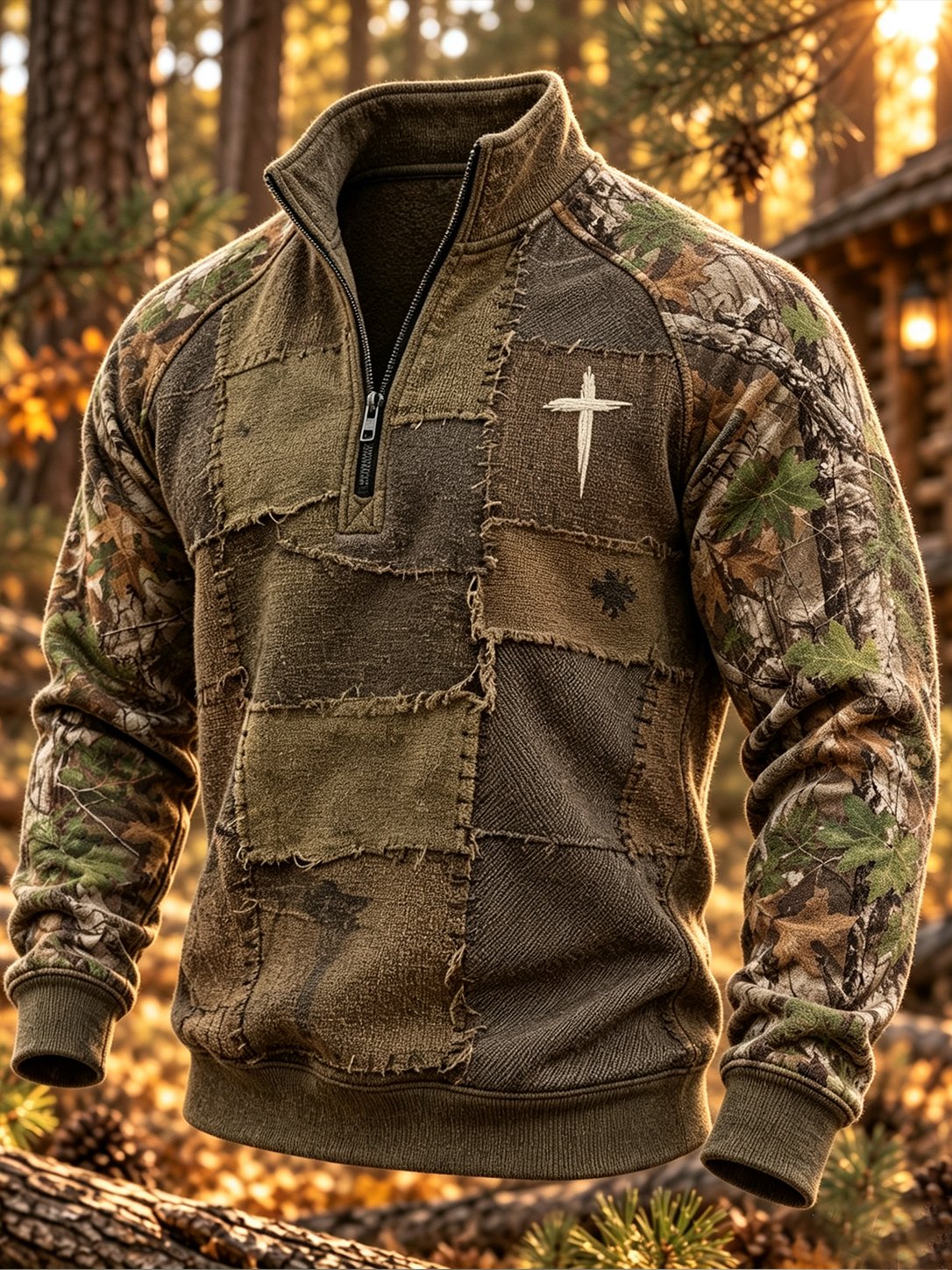 Men's Autumn/Winter Zip-Up Sweatshirt – Distressed "Jungle Faith" Camouflage Print