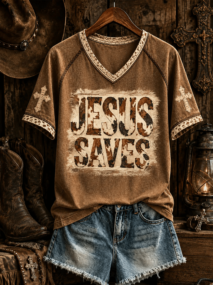 Women's  Retro Retro Western Christian JESUS SAVES Cross Print T-shirt