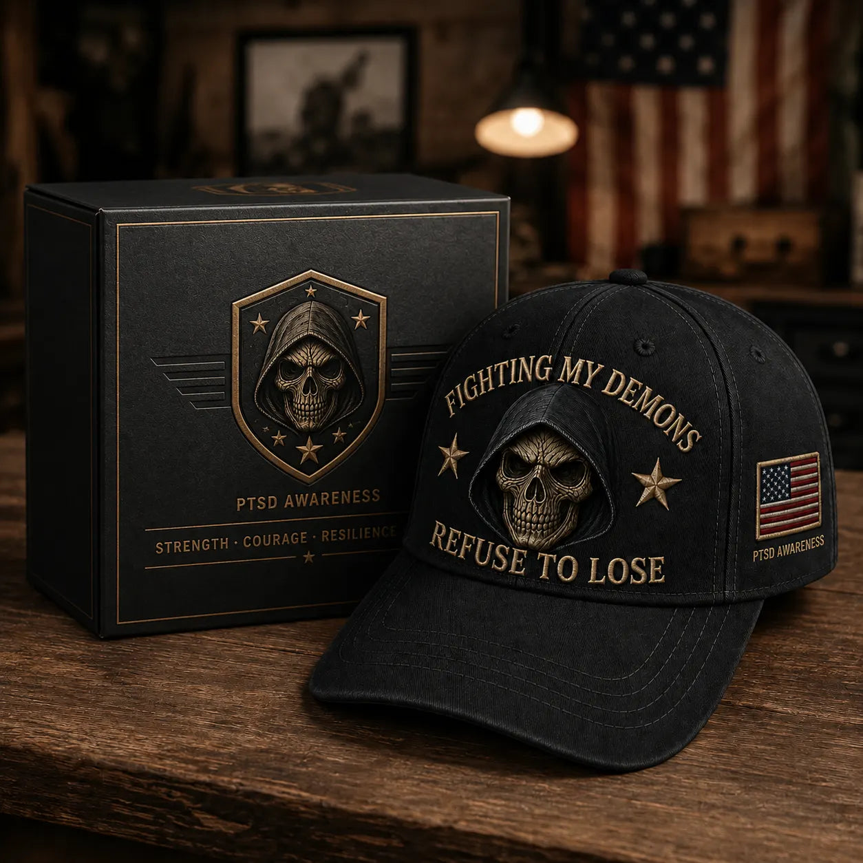 🔥 Father’s Day Sale - ❤️ “Fighting My Demons” PTSD Awareness Embroidered Cap 🇺🇸 – Refuse To Lose Edition 🖤💀