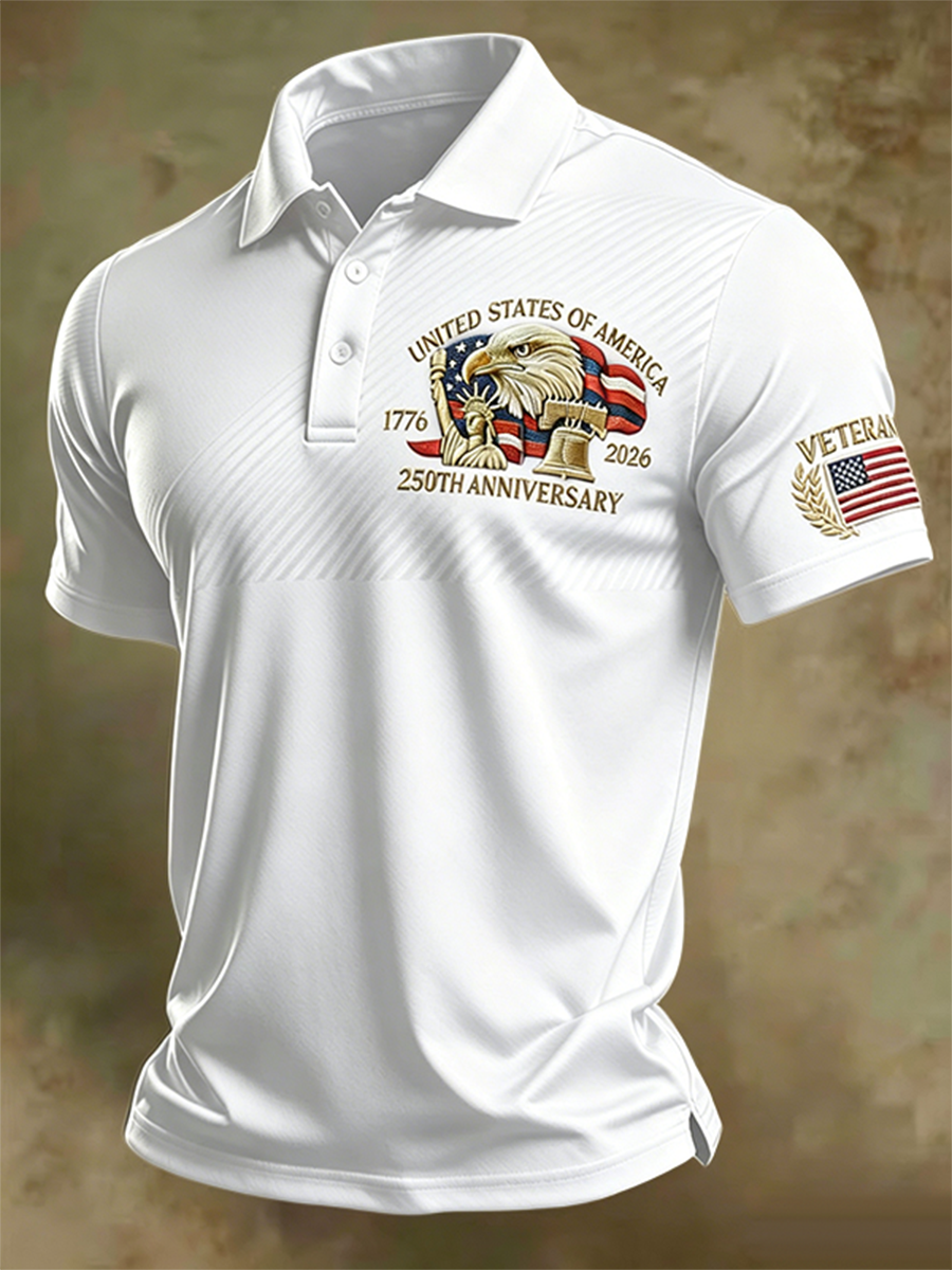 Men's USA 250th Anniversary 1776-2026 Eagle Veteran American Flag Patriotic Casual Polo Top