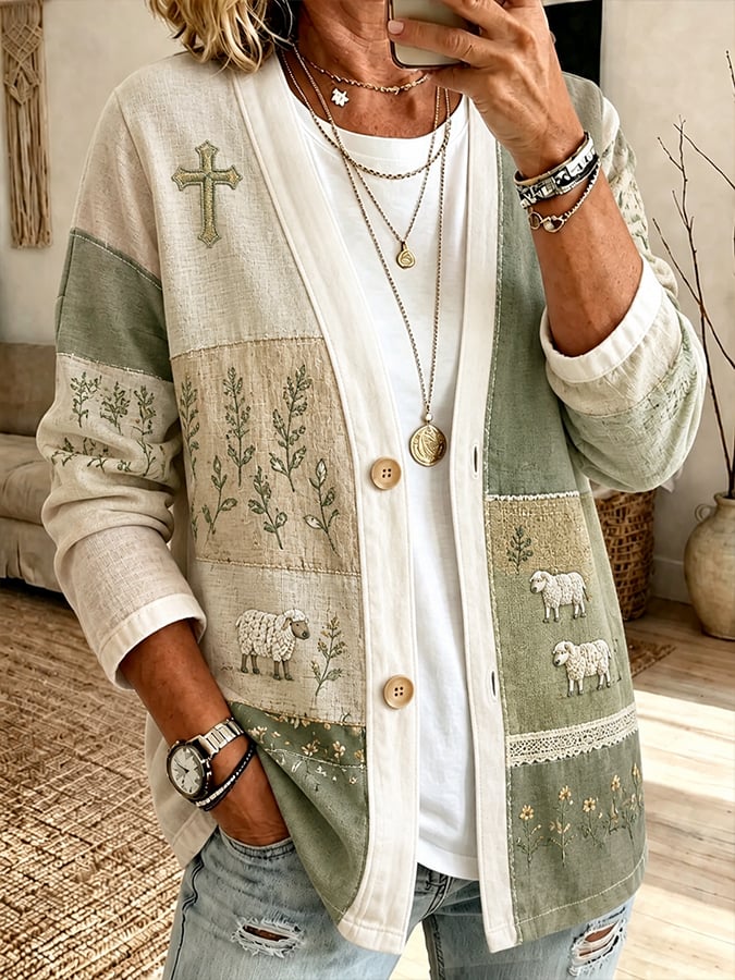 Women'S Faith-Themed Printed Casual Cardigan