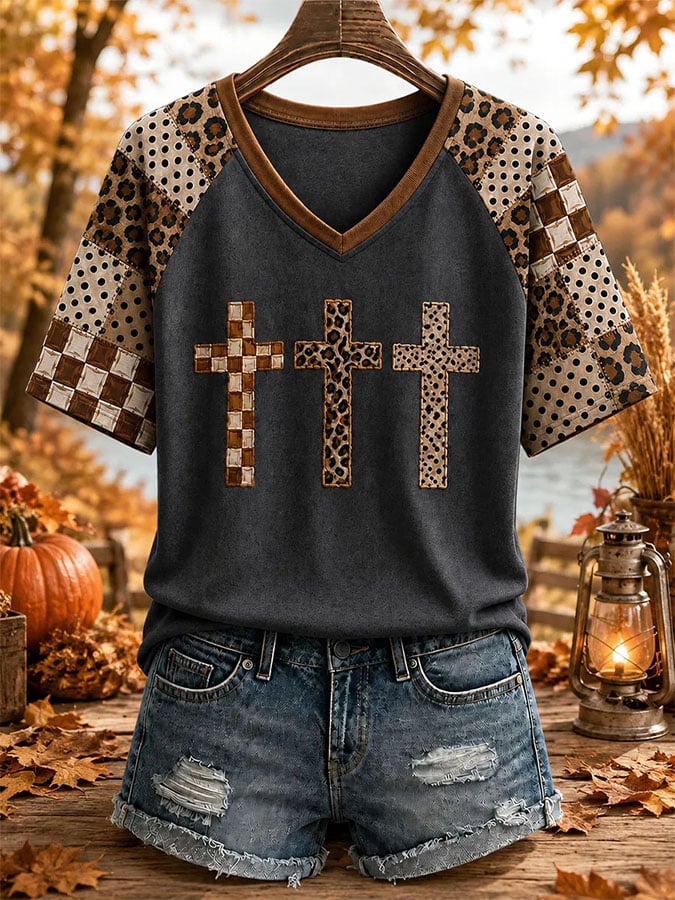 Women's Autumn Cross Christian V-Neck T-Shirts