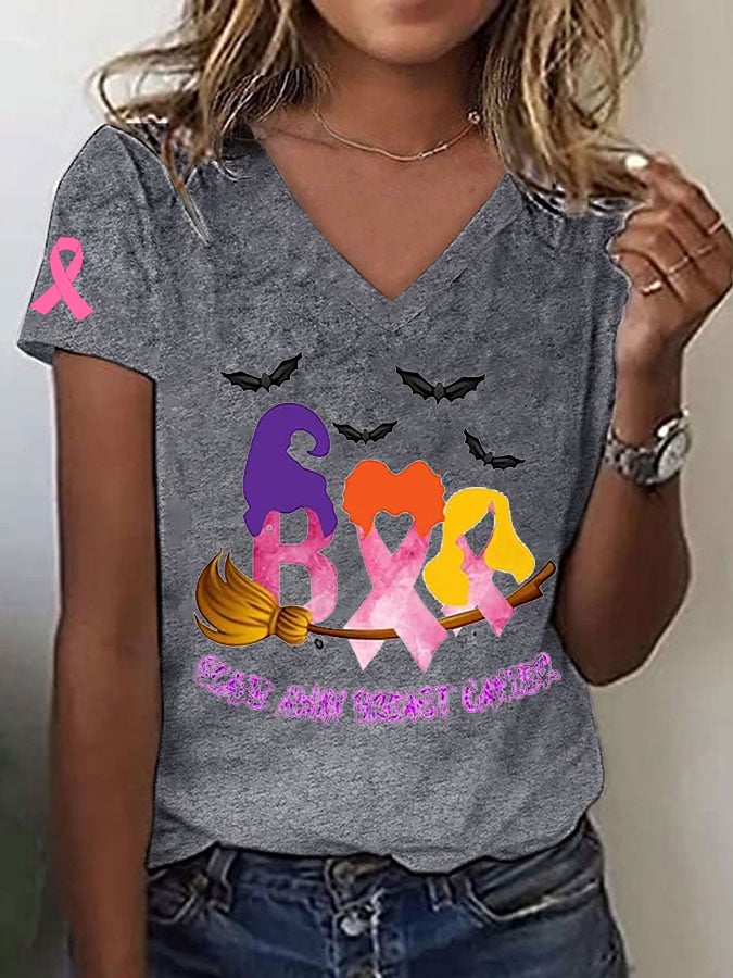Women's Breast Cancer Awareness Boo Cancer Ribbon Witch Broom Print T-Shirt