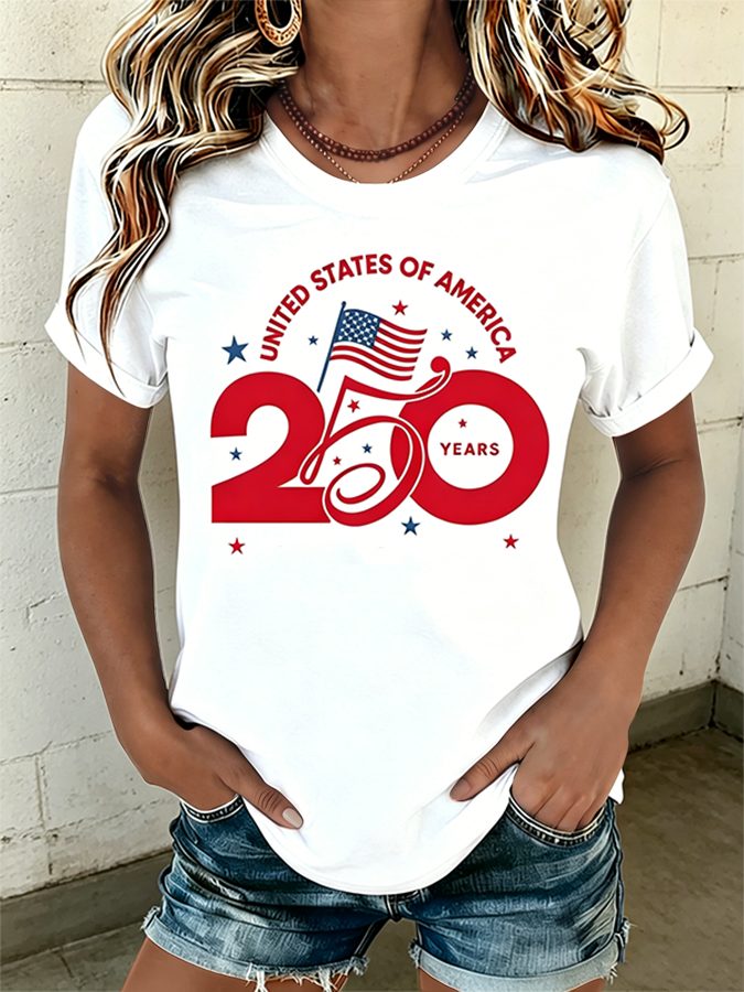 250 Years USA Independence Flag Graphic Casual Crew Neck T-Shirt
