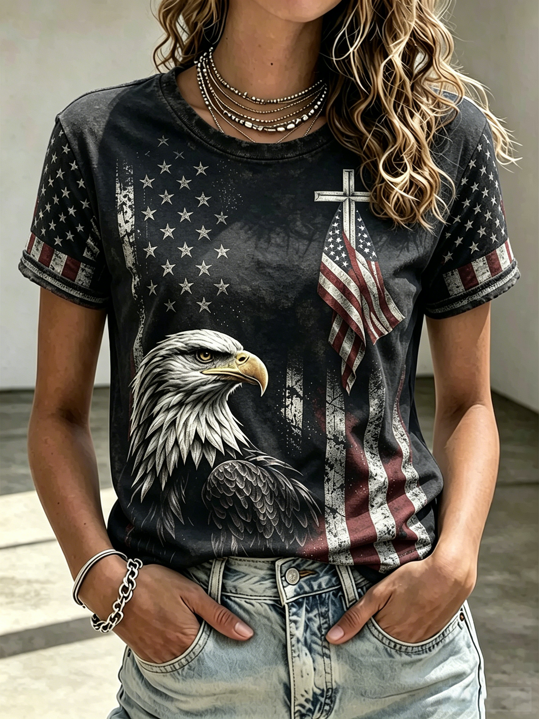 American Cross Flag Eagle Commemorative Print Round Neck Top