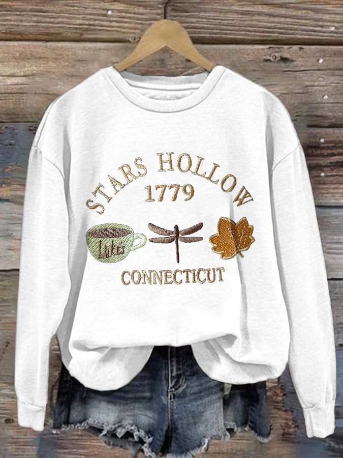 🔥HOT SALE🔥Retro Fall Stars Hollow 1779 Connecticut Luke’s Coffee Cup Dragonfly Maple Leaf Print Sweatshirt